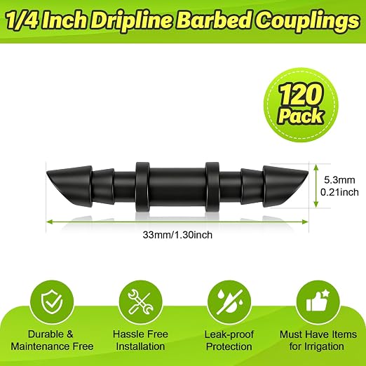 120 Pieces 1/4" Drip Irrigation Coupling Fittings:Drip Line Double Barbed Coupler Connectors for 1/4 Inch Irrigation Tubing 1/4'' Straight Coupler with Sharp End for Drip Irrigation System