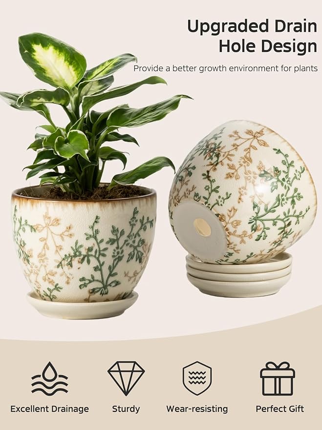 Retro Ceramic Garden Pots, 5.8 Inch Plant Pots with Drainage and Attached Saucer Set of 4, Chinoiserie Floral Large Flower Pots for Home Decor, Plant Lover Gifts, White Green