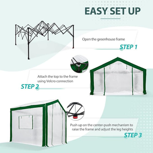 EAGLE PEAK 8x8 Portable Walk in Greenhouse with Polyester Reinforced Corners, Heavy Duty Instant Pop Up Indoor Outdoor Green House, Front Roll Up Zipper Entry Door and Mesh Windows, Green/White