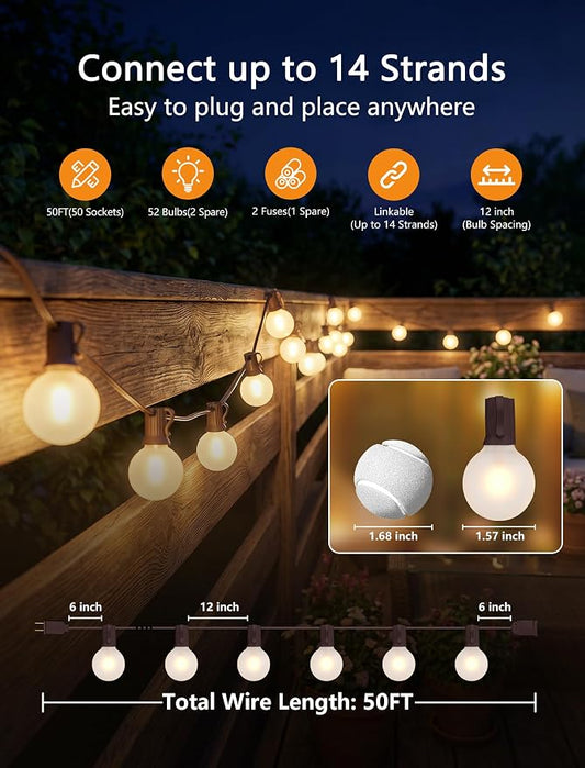 SUNSGNE 50FT Brown Outdoor Edison String Lights, Waterproof Shatterproof LED Globe String Lights with 50 G40 LED Frosted White Bulbs for Backyard Patio Porch Balcony Party Decor, E12 Base