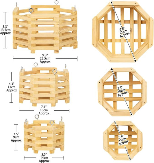 Wooden Orchid Baskets with Hangers for Ferns & Vandas, 6", 8" & 10" Octagon Wood Hanging Planter Set for Patio, Balcony Decor, Garden Flower Pots for Indoor Outdoor Plants, 3 Pack