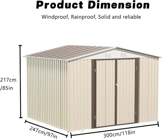 YOPTO 10x8 FT Outdoor Storage Shed with Foundation,Metal Aluminum Tool Sheds,Heavy-Duty Sheds with Sloped Roof, Air Vent and Hinge Doors,Garden Shed Bike Shed for Backyard Patio Lawn,Cream White