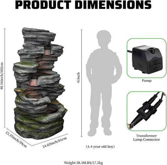 40.16" H Water Fountain Outdoor, 5-Tier Cascading Waterfall Fountain, Large Water Feature for Patio, Garden, Backyard, Deck