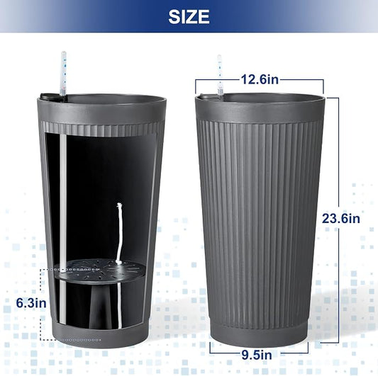 FENCY Self Watering Tall Planters Set of 2, Gray Round | 24 Inch, with Water Level Indicator& Spacious Reservoir, Plastic Tapered Pots, Weather-Resistant, Front Door Decor
