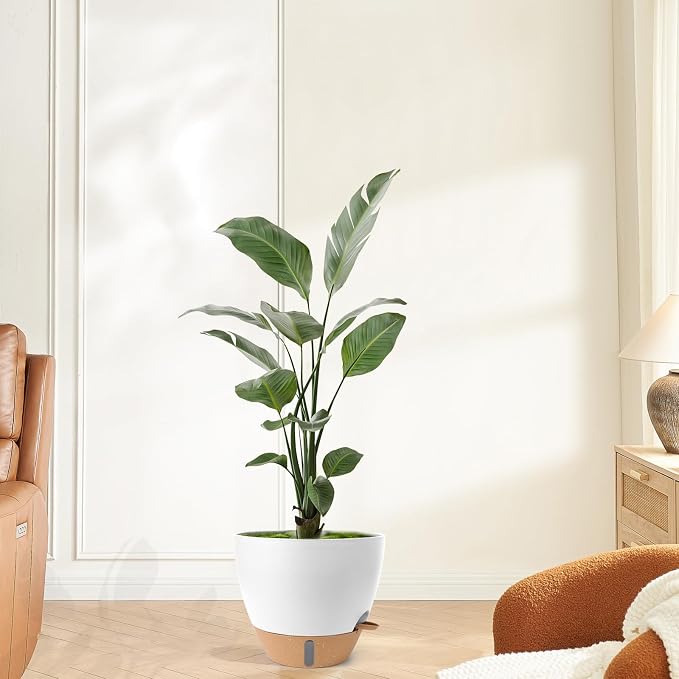 Self Watering Pots for Indoor Plants 12/10/9/8 Inch Large Plastic Self Watering Flower Pots Indoor Outdoor with Drainage Holes, Deep Reservoir,Nursery Planting Pot for Indoor Outdoor Plants White