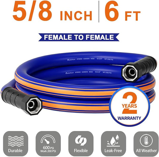 short garden hose 6 feet x 5/8Inch, Female to Female Hose with Swivel Handle, Heavy Duty, Flexible, Sturdy, Lightweight, Double Females Fittings, Ideal for Hose Reel