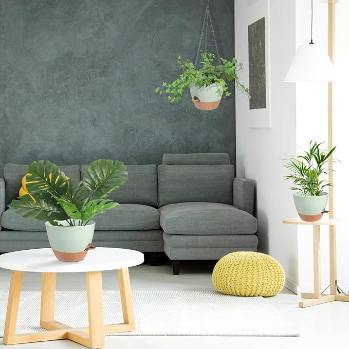 Vanslogreen Hanging Planters for Indoor Outdoor Plants, 2 Pack Self Watering Hanging Pot with Drainage Holes & Removable Tray (Green, 10'')