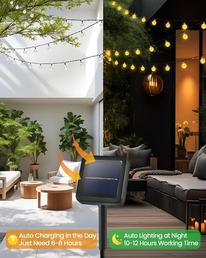 LORRYTE Solar String Lights Outdoor - 50 LED 32FT Waterproof Warm White Solar Powered Crystal Globe Lights for Outside with 8 Lighting Modes for Patio Decorations, Garden, Party, Porch, Wedding, Yard