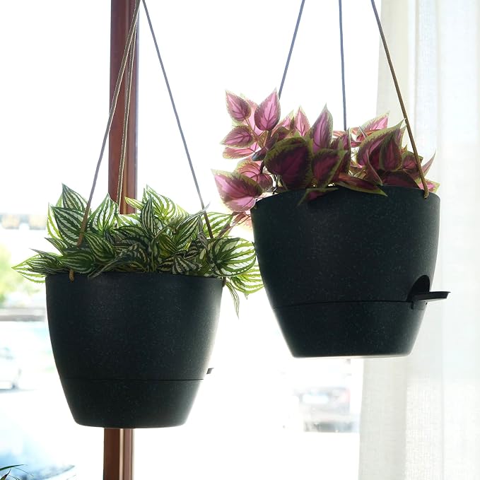 SwinDuck 10 Inch Self Watering Hanging Pots, 2 Pack Hanging Planters with 40oZ Deep Reservior for Indoor Outdoor Plants Flowers, Black Speckles