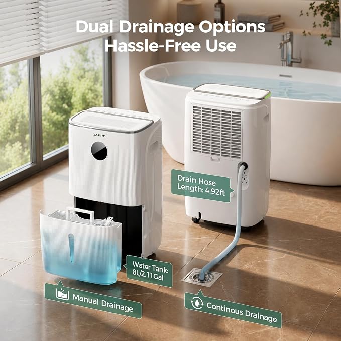 ZAFRO 150 Pints Smart Dehumidifier with Drain Hose Up to 7500 Sq.Ft, 2.11 Gal Large Water Tank, Most Efficient Energy Star 6.0, WiFi Enabled, 6 Modes, Auto Humi, Basement Bedroom Bathroom Dehumidifier