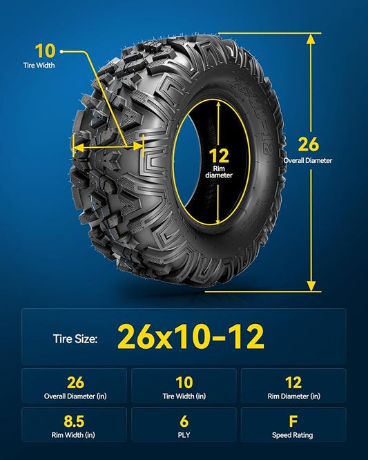 PHILTOP 26x10-12 ATV UTV Tires, 6-Ply Super Mud 26x10-12 ATV All-Terrain Tires for Riding Mowers, Golf Carts, Off-Road,2 Pcs,Tubeless (Z-199)