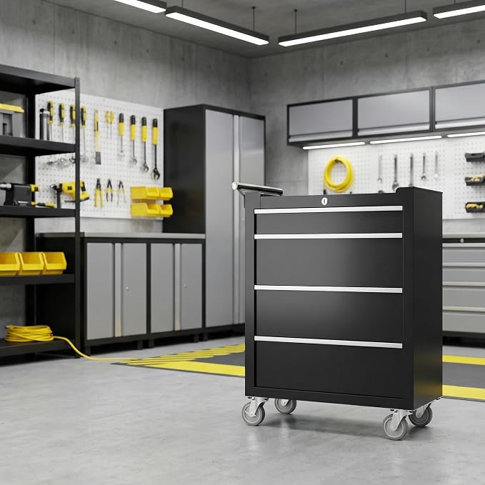 Rolling Tool Chest, 4-Drawer Tool Storage Cabinet, Tool Box with Wheels, Lock System and Drawer Liners, Tool Cart for Warehouse, Workshop and Repair Shop, Black