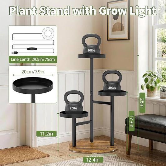 LASZOLA Plant Stand Indoor Corner with Grow Light, Heavy Duty 3 Tier Wooden Flower Holder Rack for Mutiple Plants, Planter Display Shelf for Patio Garden Balcony Living Room, Black