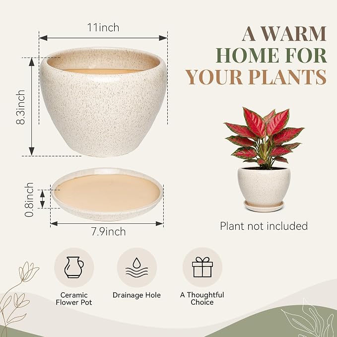 11 Inch Ceramic Plant Pot with Drainage Hole Mesh Net, Large Gardening Pots for Indoor Plants with Saucer, Silk White