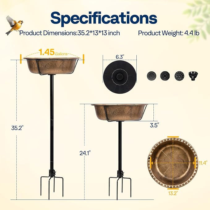 VIVOHOME Bird Bath with Solar Fountain for Outside, Weather-Resistant ABS Birdbath Bowl with Solar Powered Pump, Metal Ground Stake for Outdoor, Garden, 1.45 Gallons, Copper