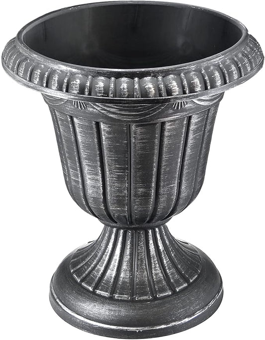 Arcadia Garden Products PL00SL Classic Traditional Plastic Urn Planter, Indoor/Outdoor Garden Plant Pot Garden Décor, 16” x 18”, Brushed Silver