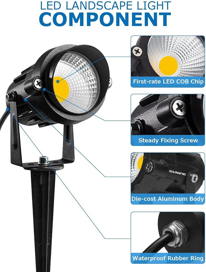 SUNVIE 12V Low Voltage LED Landscape Lights Outdoor with Spike Stand 8Pack | 12-24V 3000K Waterproof 900LM Yard Pathway Garden Lights Wired Wall Tree Flag Landscape Spot lights Outdoor (No Connector)