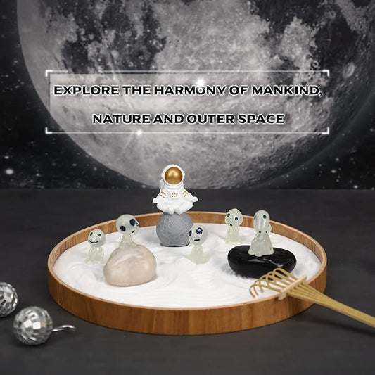 Mini Zen Garden for Desk Outer Space Themed | Tabletop Sand Tray with Astronaut and Alien Figurines, Japanese Meditation Gift Set for Therapy Room & Desk Decor