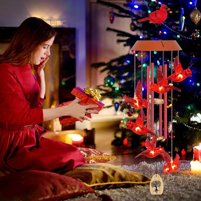 Solar Wind Chimes for Outside, Memorial Cardinal Wind Chimes, 35" LED Windchimes Outdoors Christmas Birthday Cardinal Gifts for Women Mom Grandma Home Garden Decor