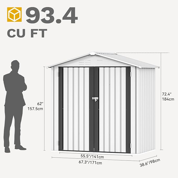 DWVO 6x4ft Small Tool Storage Shed, Lockable Doors, and Sloped Roof, Oversized Steel Outdoor Storage Shed for Garden, Patio, Garage, Backyard, Lawn - White