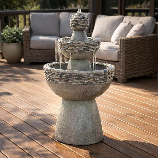 Teamson Home 36.5 in. Outdoor 3-Tier Zen-Style Pedestal Water Fountain in. with Stone Trim with Pump and 2.64 Gallon Capacity, Stone Gray | 3-Tier Garden Fountain, Stone Look, With Pump, Pedestal Waterfall Feature