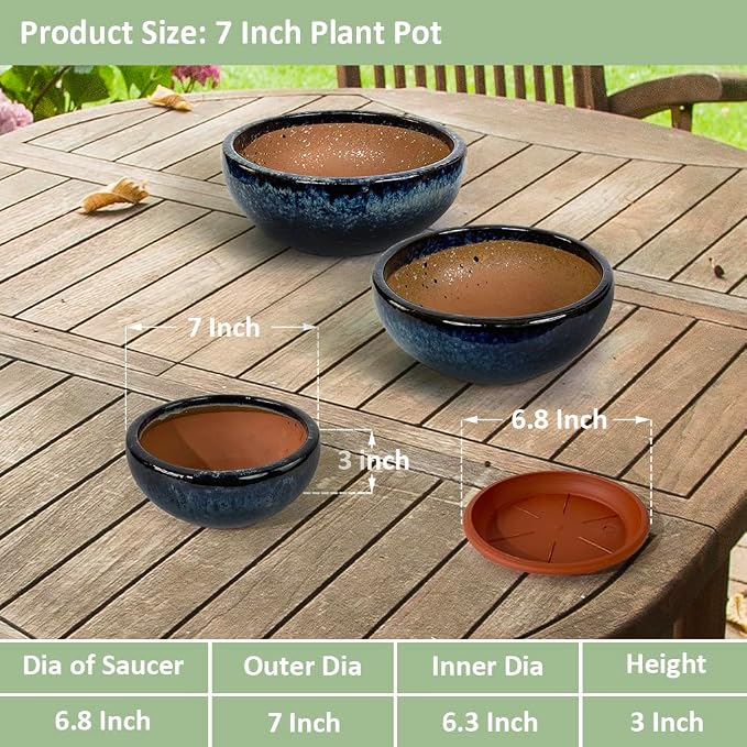 7 Inch Glazed Terracotta Plant Pot Round Ceramic Succulent Planter Pot with Drainage and Mesh Pad Cactus Clay Bonsai Pot (Blue)