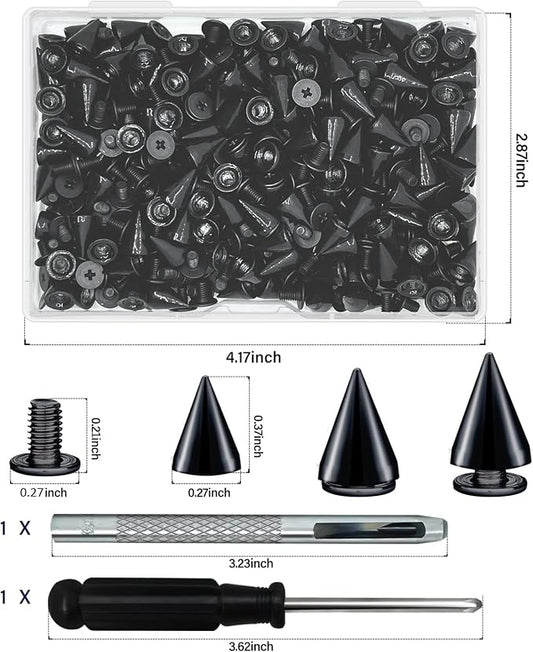 200 Sets 9.5mm Cone Spikes Metal Tree Spikes Screwback Studs for DIY Leathercraft Decoration Punk Rock Style Clothing Accessories (Black)