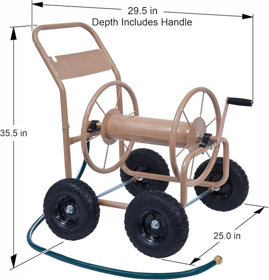 Liberty Garden Industrial 4 Wheel 300 Foot of 0.625 Inch Hose Steel Frame Water Hose Reel Cart for Backyard, Garden, or Lawn, Beige