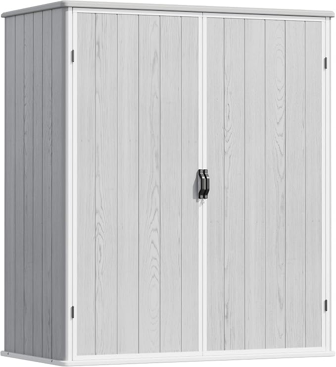 Devoko 5x3 Resin Outdoor Storage Shed with Floor, Waterproof Plastic Outdoor Tool Cabinet with Lockable Doors for Lawn Backyard Garden, Light Gray