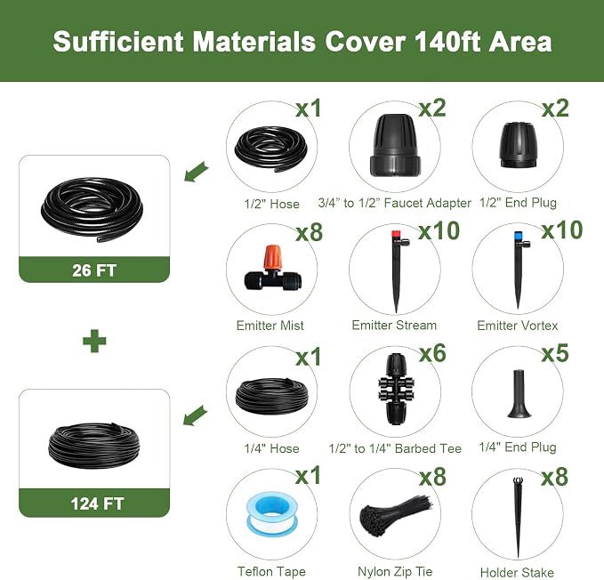 Drip Irrigation Kit for Garden, Quick-Connect Raised Bed Watering System 150FT, Plant Accessories, Drip Line Kit for Greenhouse, DIY Micro Sprinklers Set for Yard Outside,Sistema De Riego Por Goteo