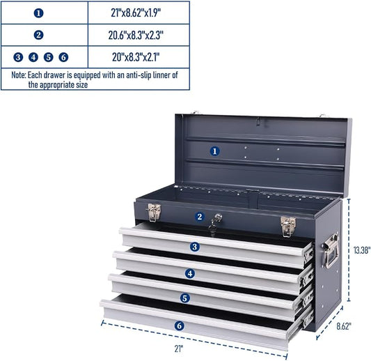 4 Drawers Metal Tool Box, 21'' Portable Metal Tool Box with EVA Liners & Auto-Locking Mechanism, Heavy Duty Steel Tool Chest with Ball-Bearing Drawer Slides & Convenient Top Handle, Grey