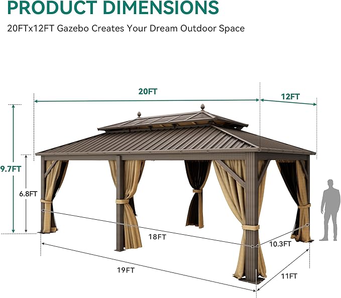 YITAHOME 12x20 ft Hardtop Gazebo with Nettings and Curtains, Outdoor Heavy Duty Aluminum Gazebo Combined of Horizontal and Vertical Stripes Roof for Patio, Backyard, Deck, Lawns and Balcony (Bronze)