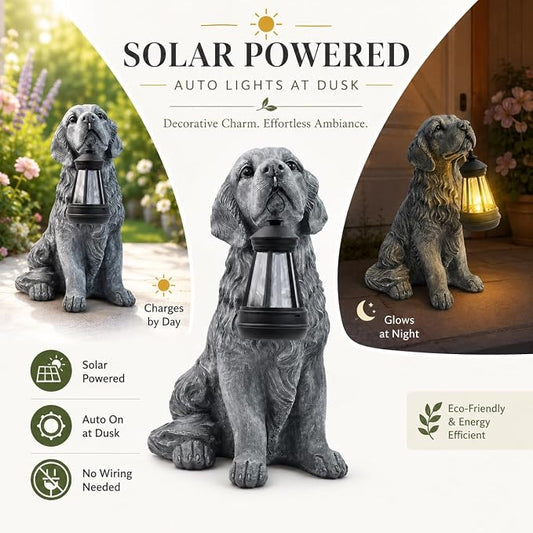 12.2 Inch Large Solar Dog Garden Statue with Lantern, Waterproof Resin Outdoor Puppy Figurine Light for Patio Yard Lawn Pathway Porch, Decorative Solar Lights Gift for Dog Lovers