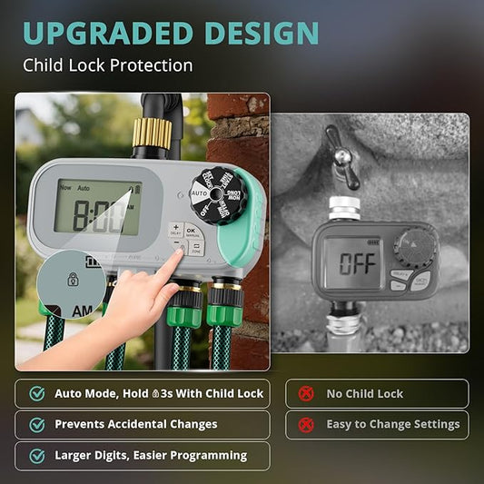 QUOBAS Sprinkler Timer for Garden Hose with Child Lock, Programmable Brass Digital Water Timer 4 Zone for Drip Irrigation, Pool, with Rain Delay/Auto/Manual, Waterproof Screen & Battery Powered
