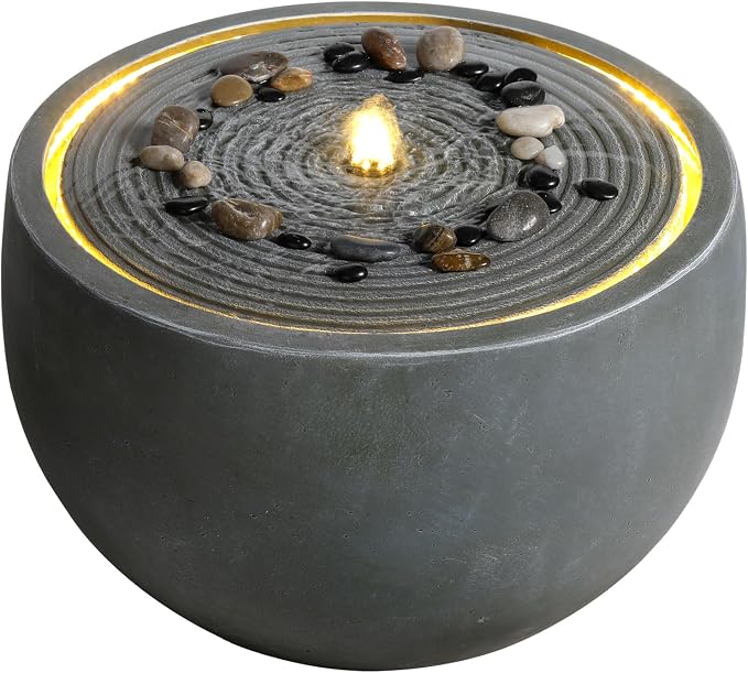 12.2" Outdoor Water Fountain, Modern Round Bowl Ripple Design, Outdoor Fountain with LED Lights, Outdoor Freestanding Fountain with Pump, Garden Water Feature, Concrete Bowl, Blue Gray