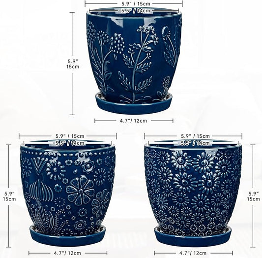Hollyone Set of 3 Blue Ceramic Planter 6 Inch Flower Plant Pot with Drainage Hole and Saucer for Plants Embossed Indoor Outdoor Garden Embossed Ceramic Glazed Round Pot for Succulent Orchid