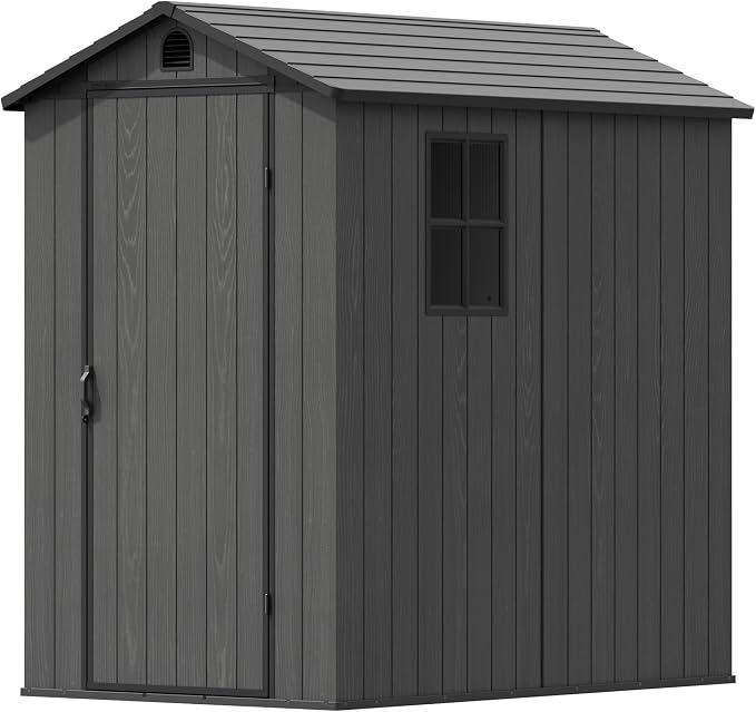 Devoko 4×6 FT Resin Storage Sheds with Floor, Plastic Outdoor Garden Shed with Windows and Lockable Doors, Waterproof Outside Tool Sheds for Patio Backyard Lawn, Dark Gray