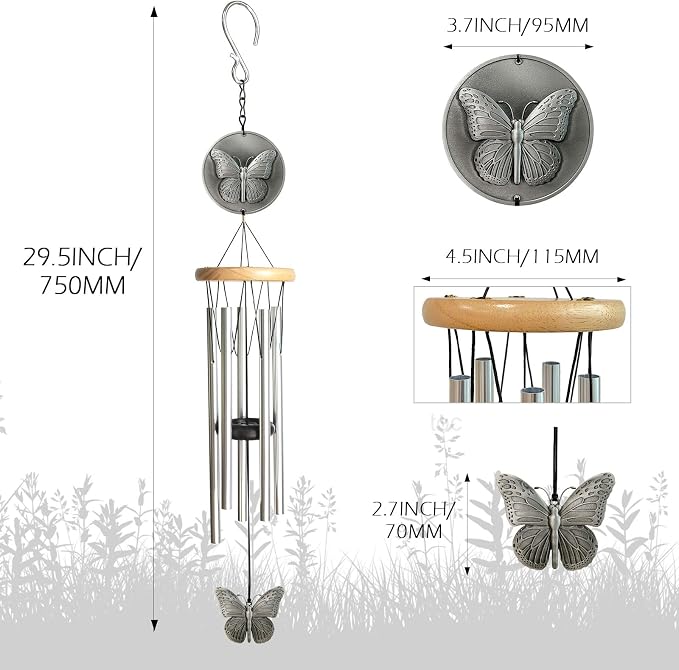 Butterfly Wind Chimes for Outside,29 "29 "Outdoor Wind Chime Butterfly Gifts for Women/Mother/Father/Christmas,Unique Windchimes Outdoors Butterfly Garden Patio Home Yard Decor(Silver)