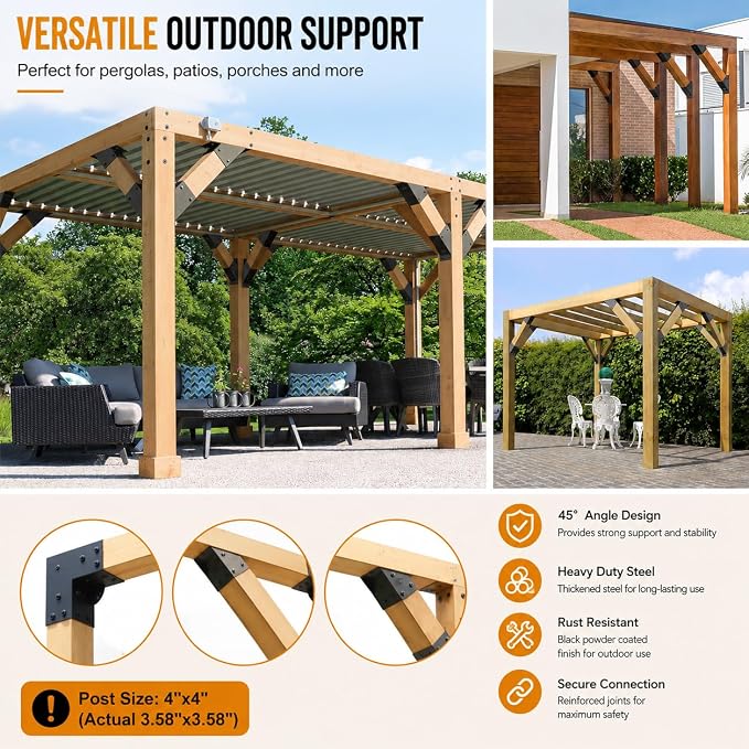 45 Degree Pergola Brackets for 4x4 Lumber, Q235 Steel, 8 Pack | Black Powder-Coated Finish, Drain Holes and 304 Stainless Steel Screws for Gazebos, Decks and Cabins