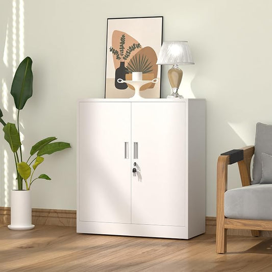 Metal Storage Cabinet with Locking Doors and 2 Adjustable Shelves, Small Lockable Steel Storage Cabinets for Home Office Garage Kitchen Pantry (White)