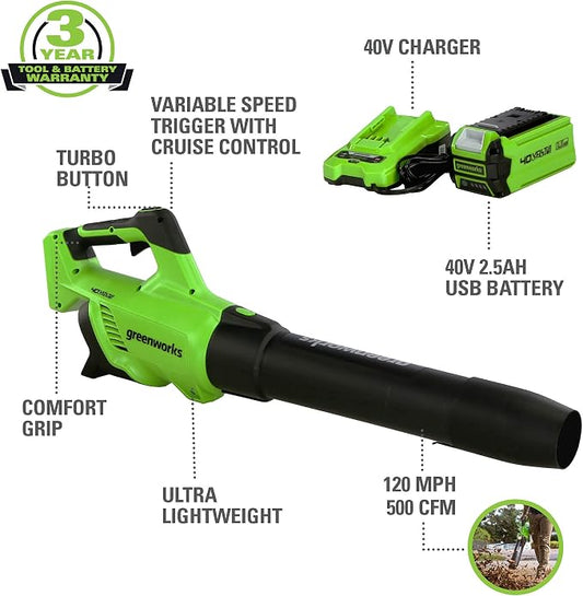 Greenworks 40V (120 MPH / 500 CFM) Cordless Axial Blower with GK0A00 Universal Gutter Kit