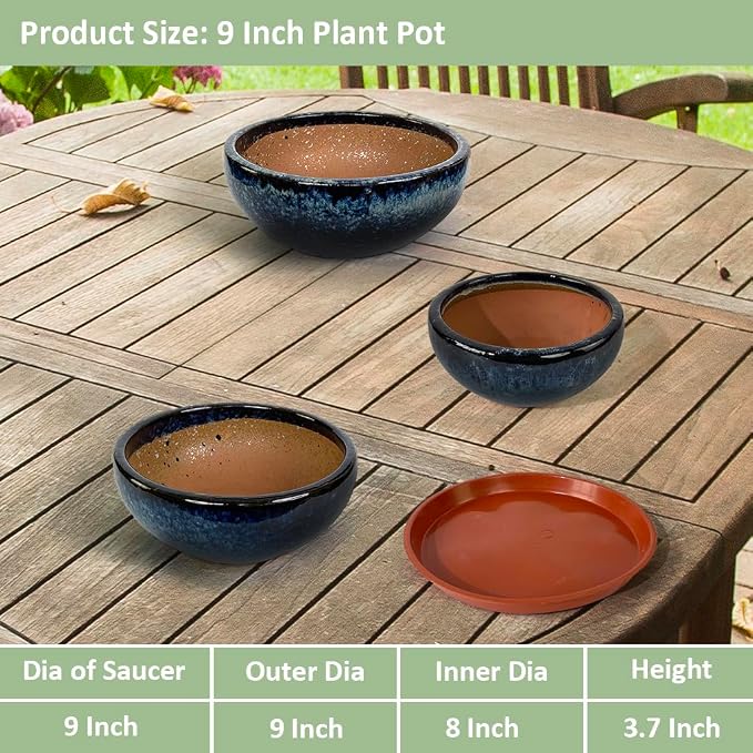 9 Inch Glazed Terracotta Plant Pot Round Ceramic Succulent Planter Pot with Drainage and Mesh Pad Cactus Clay Bonsai Pot (Blue)