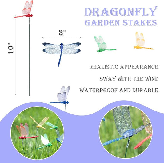 VGOODALL 24 PCS Dragonfly Garden Stakes, Plastic Garden Decorations | 4 Colors Dragonfly Ornaments for Indoor, Outdoor Yard