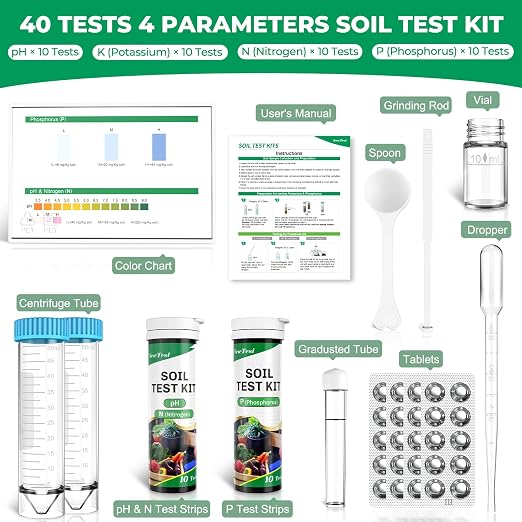 Soil Test Kit 4 Parameters: Professional Accurate 40 Tests Soil Testing Kits for Lawns Gardening Vegetable Garden for pH Nitrogen Phosphorus Potassium - Soil Tester for Garden Nutrients (40)