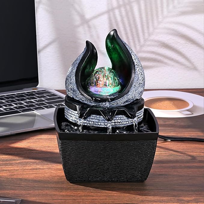 Tabletop Water Fountains Indoor, 3 Gears Desktop Fountain with Led Rolling Ball, Table Top Small Water Feature Interior Zen Relaxation Decor for Home Bedroom Living Room Office Apartment