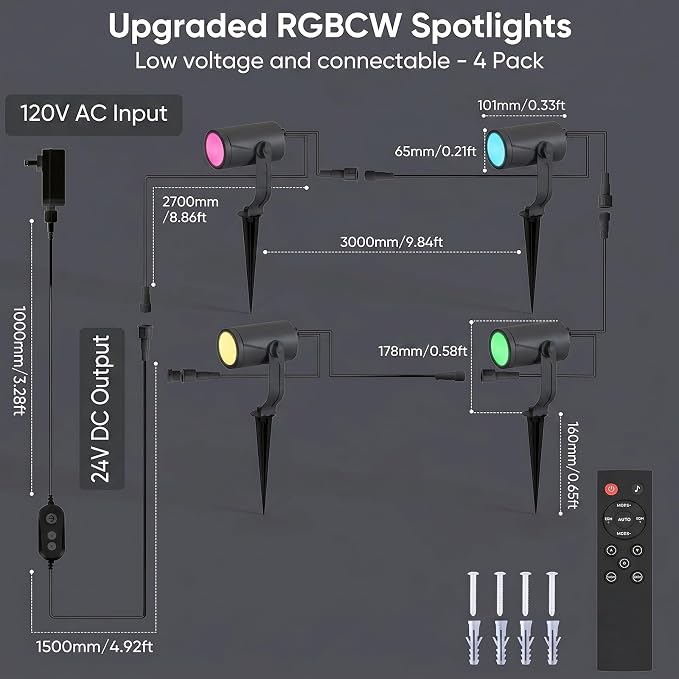 CDN Smart Landscape Spotlights, 4 Pack RGBCW Outdoor Lights, IP65 Waterproof & Dimmable, Compatible with Alexa/Google Assistant, for Garden Yard Pathway Decor