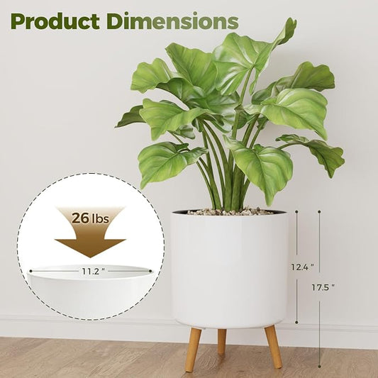 Bamworld Self Watering Pots for Indoor Plants with Water Level Indicator 12 inch Plant Pot Plastic Planter with Wooden Stand for Outdoor Plants Modern Décor for Porch Patio White Large