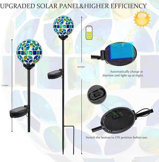 VCUTEKA Solar Lights Outdoor Decorative - Waterproof Mosaic Solar Garden Light, LED Pathway Stake for Landscape Lawn Patio Yard, Solar Globe Lights Outdoor, 1 Pack Green Blue