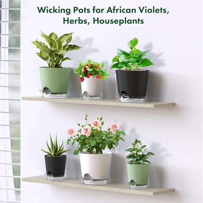 Meowell 5 inch Self Watering Flower Pots for Indoor Plants, 5 Pack Small Plant Pots with Drainage Holes & Clear Reservoir for Visible Water Level, Plastic Wicking Planter Pots for House Plants, Green