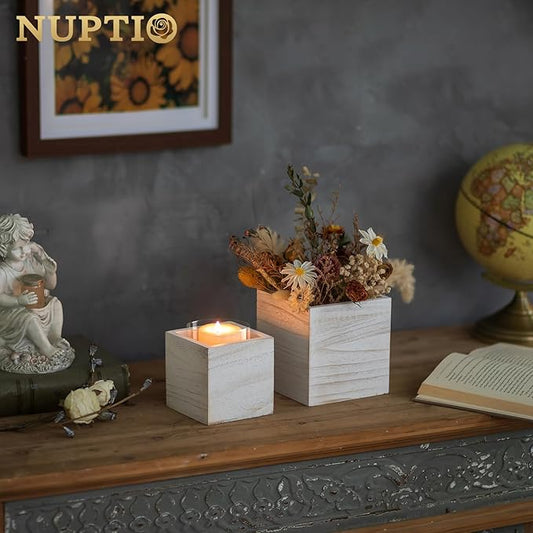 NUPTIO Wooden Box for Centerpiece Wedding: 6 Pcs Rustic Square Planter Box Farmhouse Table Fall Decor - 4×4" & 5×5" Whitewashed Small Wood Vases Flower Pots for Windowsill Home Garden